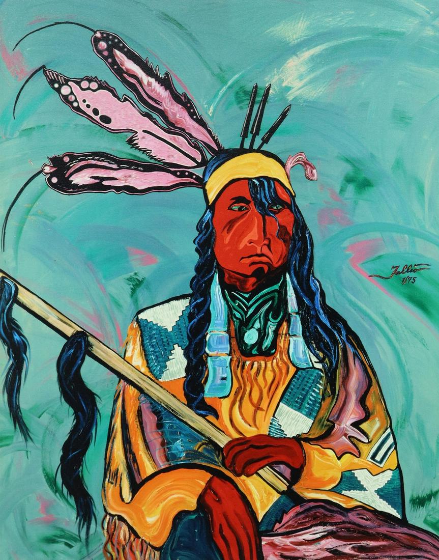 SIGNED NATIVE AMERICAN POP ART GICLEE ON CANVAS: Framed giclee on canvas, Native American Portrait, signed center right Tullio or Jullio (?), numbered 1/ 75, sight: 26.5"h, 20.5"w, overall: 30.25"h, 24.75"w, 4.25lbs Start Price: $80.00