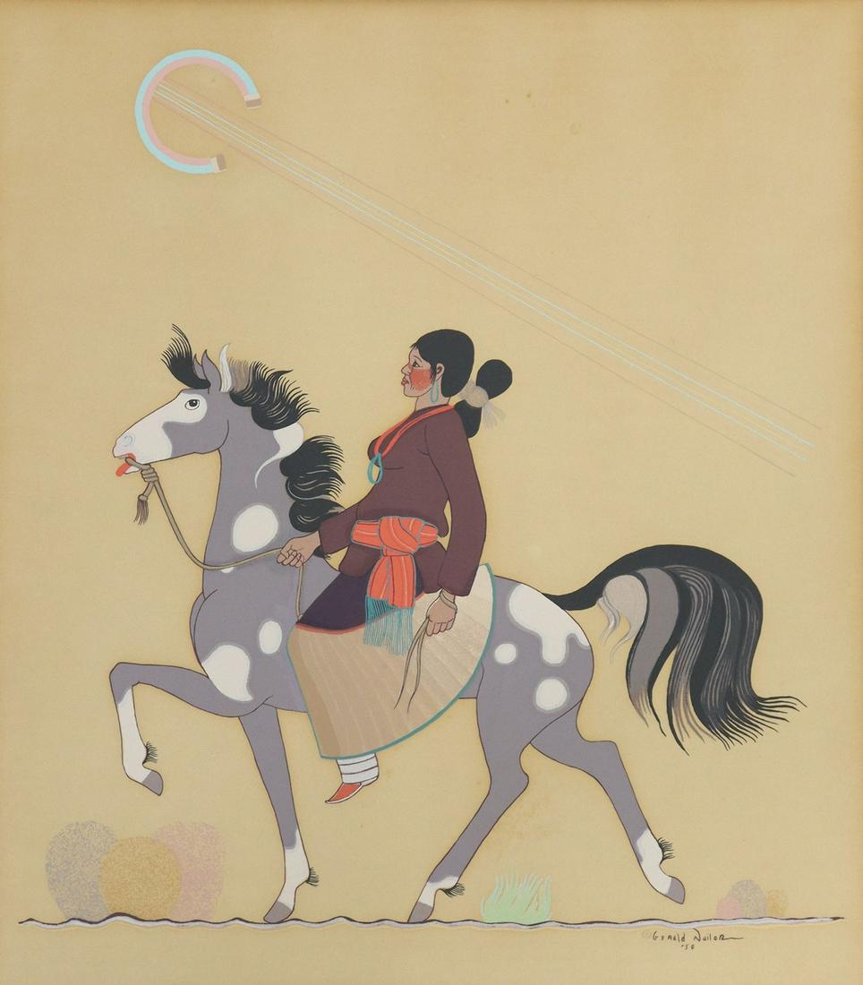 GERALD NAILOR NATIVE AMERICAN SILKSCREEN ON PAPER: Unframed silkscreen on paper, Native American Woman on Horseback, signed in print lower right Gerald Nailor (Gerald A. [or Lloyde] Nailor, Navajo, 1917-1952), 1950, published by Tewa Enterprises, Sant