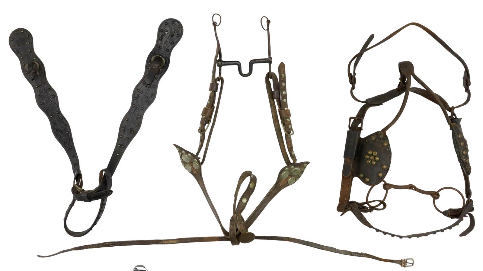 (3) ANTIQUE/ VINTAGE WESTERN HORSE HEADSTALLS: (lot of 3) Horse headstalls, including: (1) brown leather, iron curb bit, several nickel circular labels, one marked "Horse & Mule Dealers, Stephens...;" (1) tooled black leather with metal stud accen