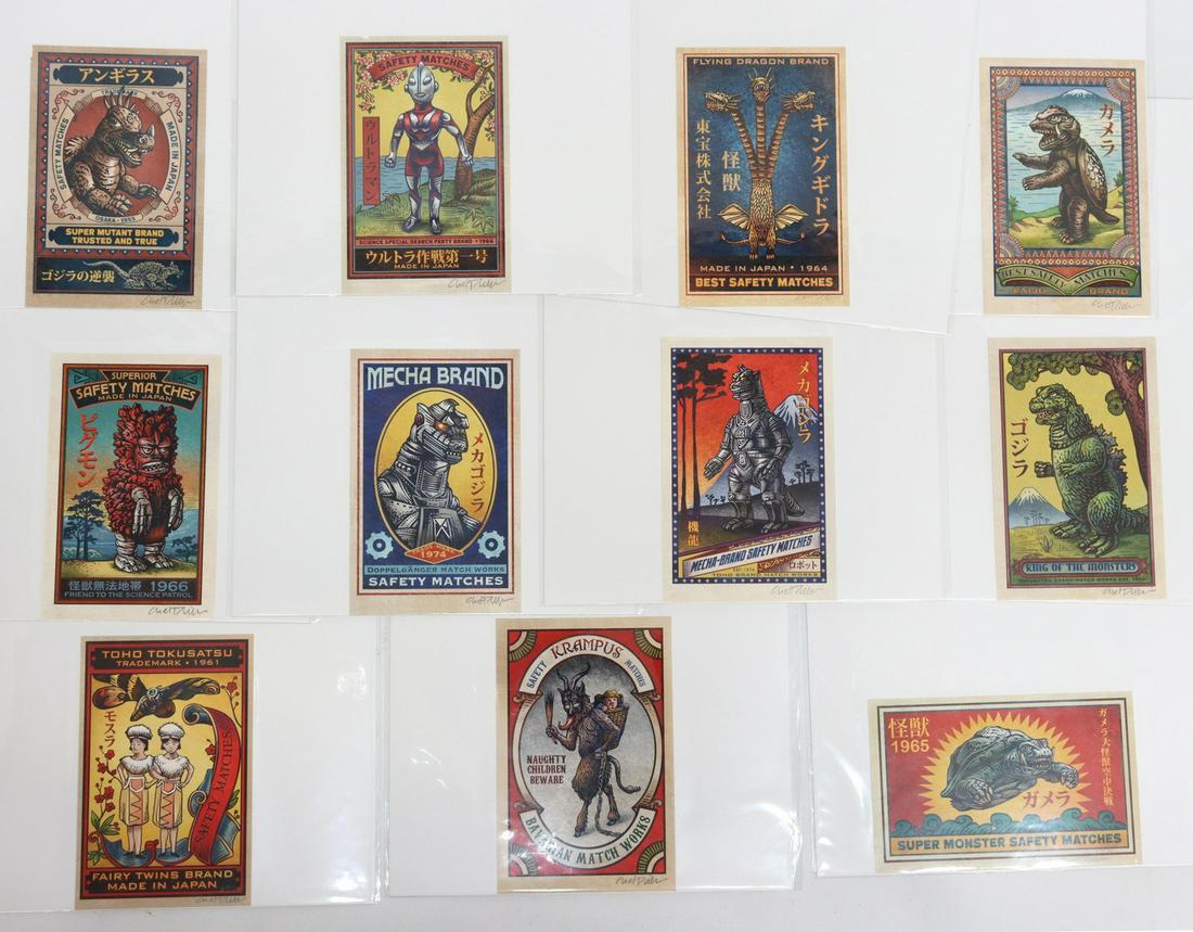 (11) CHET PHILLIPS KAIJU MATCHBOX LABEL PRINTS: (lot of 11) Unframed prints on paper, Matchbox Labels, signed lower right Chet Phillips (Texas, 20th/ 21st c.), with kaiju, robots, etc., largest sheet: approx 5.75"h, 3.75"w Start Price: $80.00