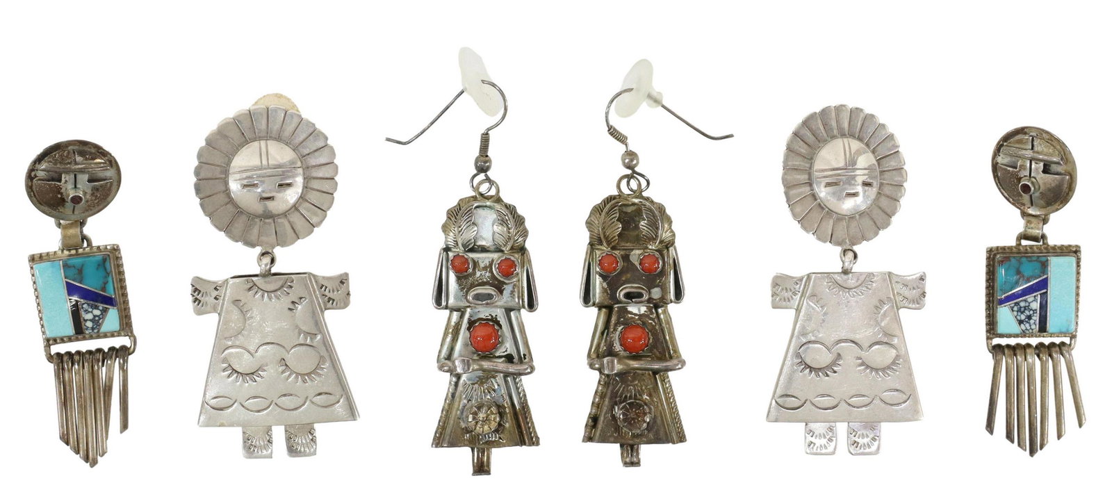 (LOT) SOUTHWEST SILVER KACHINA FIGURAL EARRINGS: (lot of 3) Southwest silver figural Kachina earring group: (pair) marked FY, sterling, inset with red coral, for pierced ears, 1 .75"l; (pair) marked VP, sterling, having multi-stone chanel inlays, fo