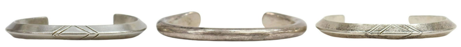 (3) NATIVE AMERICAN SILVER CUFF BRACELETS, NAVAJO: (lot of 3) Native American silver cuff bracelets: (1) simple form, signed RH, Randy Hoskie (Navajo), sterling; (2) unsigned, with linear motifs, silver content unknown; each having interior: approx 5"