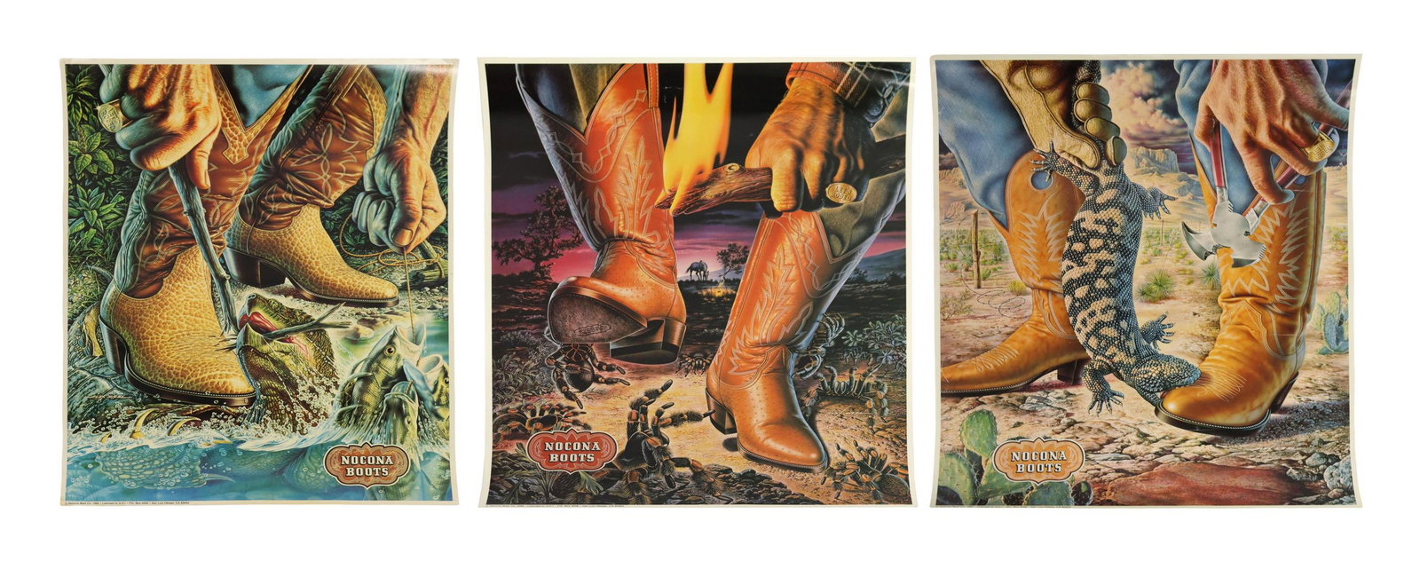 (3) NOCONA BOOTS ALEX EBEL ADVERTISING POSTERS: (lot of 3) Unframed advertising posters on paper, Nocona Boots, "Let's Rodeo" campaign, designed by Alex Ebel (American, 1932-2013), including: (1) with boots and lizard, c.1980, (1) with boots and ta