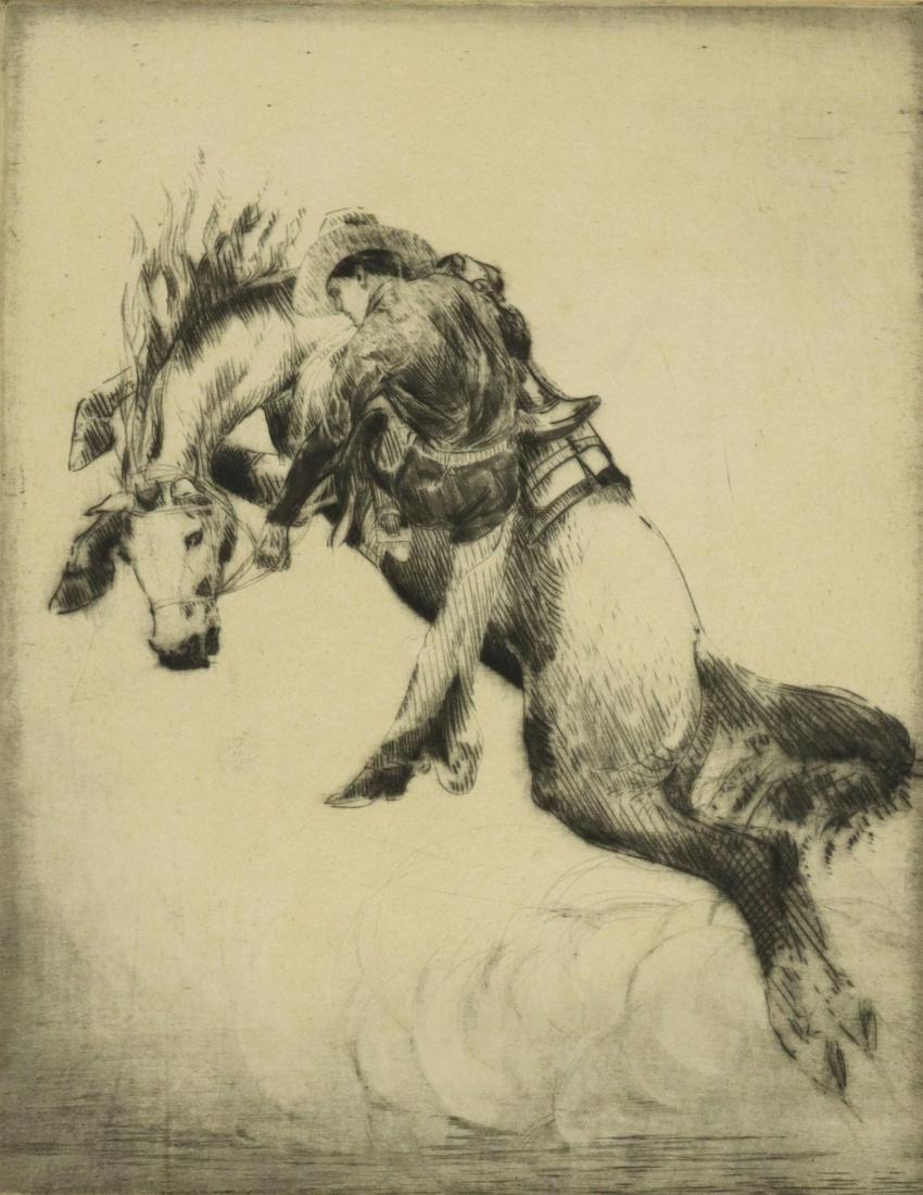 HENRY ZIEGLER (1889-1968) RODEO DRYPOINT ETCHING: Framed drypoint etching on paper, "Mounting the Rawlin's Grey," signed lower right Henry Ziegler (Henry [Harry] Ziegler, New York, 1889-1968), numbered 32/ 50, sight: 14"h, 10.75"w, overall: 20.75"h, 