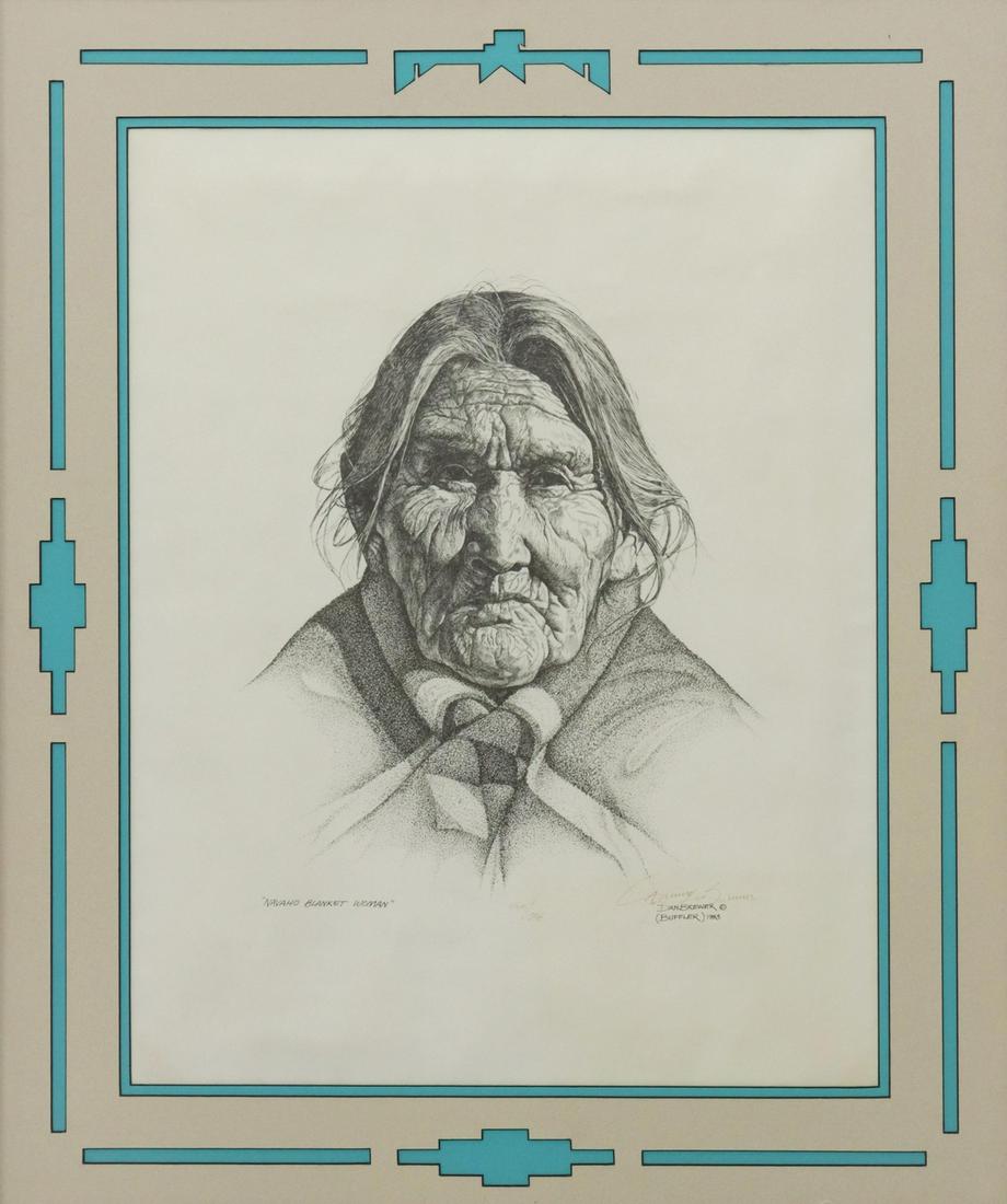 DAN BUFFLER BREWER NAVAJO BLANKET WOMAN PRINT: Framed print on paper, "Navajo Blanket Woman," signed lower right Danny Brewer (Dan "Buffler" Brewer, American, 20th c.), numbered 535/ 750, c.1983, custom cut mat, accompanied by certificate signed b