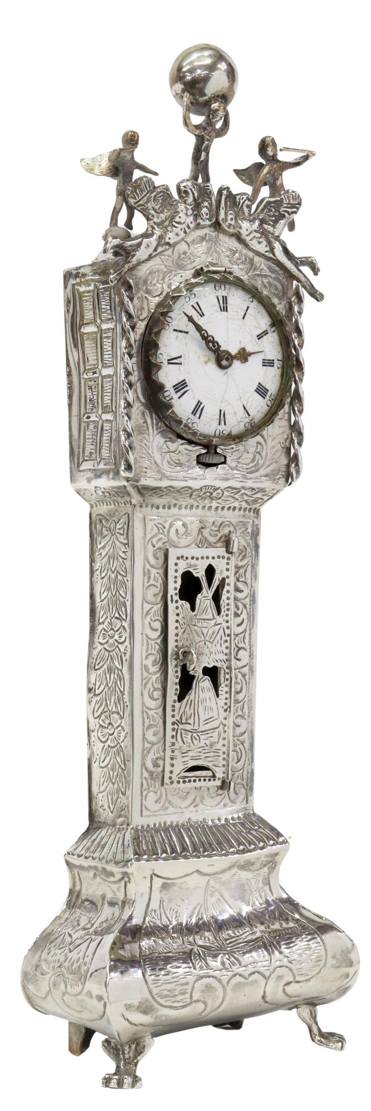 DUTCH MINIATURE 800 SILVER LONGCASE CLOCK, 9.5"H (1 of 8)