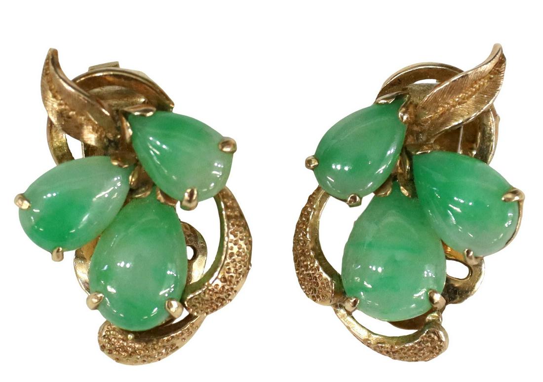 (PAIR) ESTATE 14KT YELLOW GOLD & JADE EARRINGS (1 of 3)