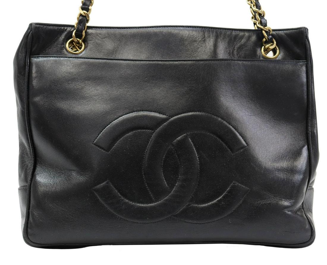 CHANEL CC LOGO BLACK LEATHER SHOULDER TOTE BAG (1 of 7)