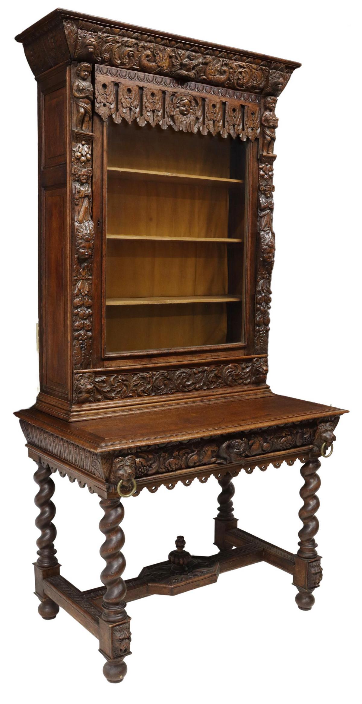 FRENCH HENRI II STYLE OAK SECRETARY BOOKCASE DESK (1 of 5)