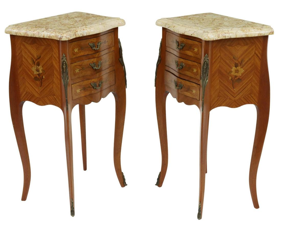 2) LOUIS XV STYLE MARBLE-TOP MARQUETRY NIGHTSTANDS: (pair) French Louis XV style marble-top mahogany nightstands, early 20th c., each having shaped marble top, over matched veneer and marquetry case, fitted with three drawers, with foliate metal mounts