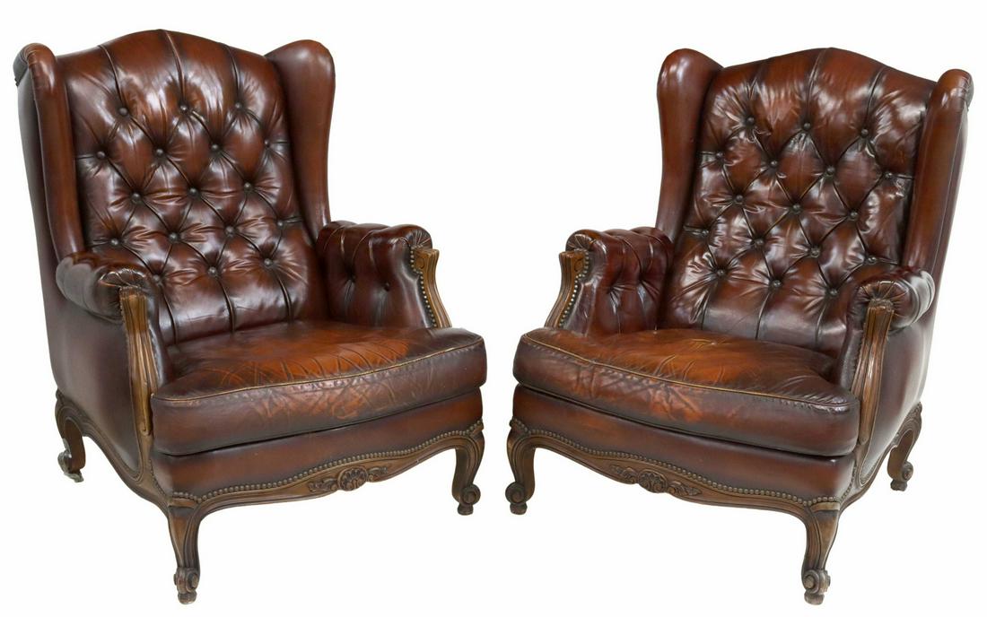 (2) LOUIS XV STYLE TUFTED LEATHER WINGBACK CHAIRS (1 of 3)