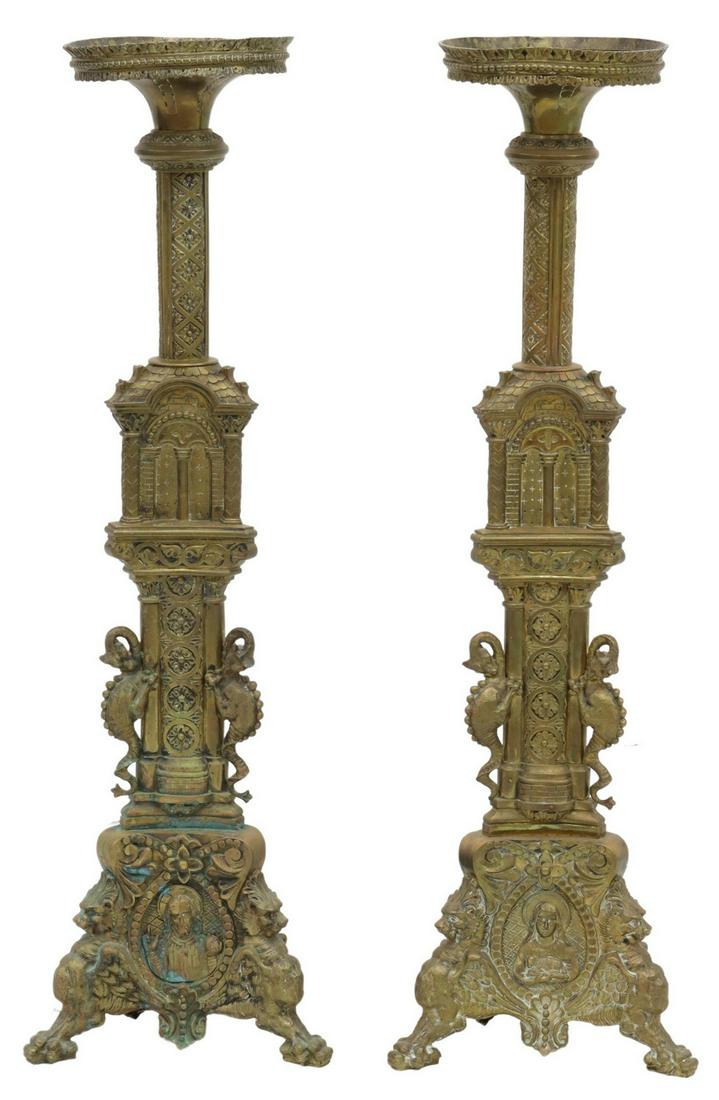 (2) LARGE GOTHIC REVIVAL BRASS ALTAR CANDLE STANDS (1 of 4)