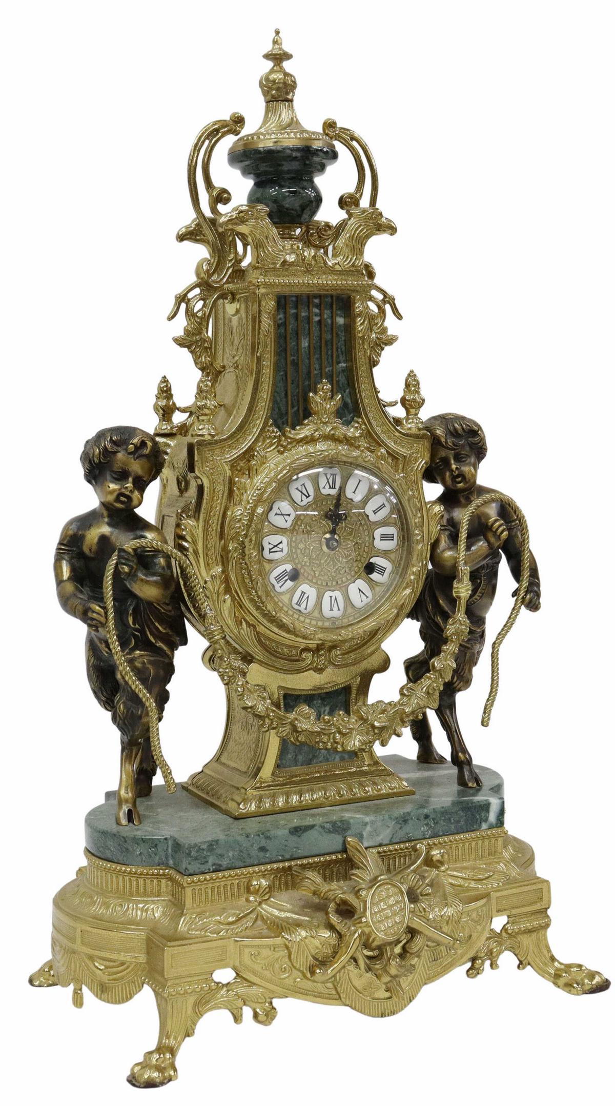 LOUIS XVI STYLE GILT METAL SATYR MANTEL CLOCK (1 of 7)