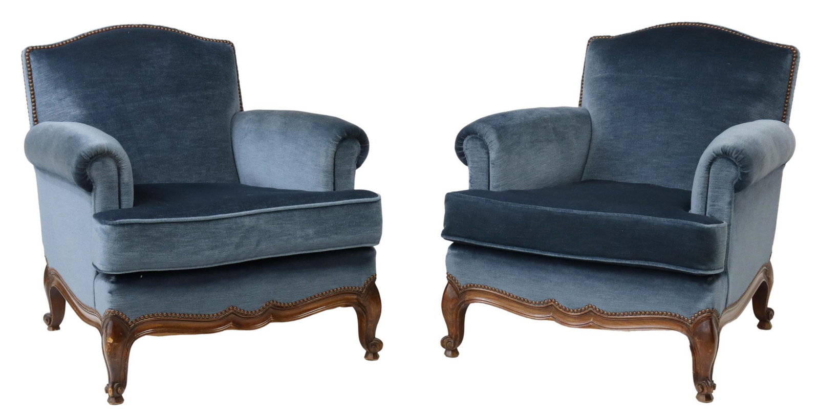 (2) FRENCH LOUIS XV STYLE MOHAIR ARMCHAIRS: (pair) French Louis XV style armchairs, early 20th c., each having curved back, blue mohair upholstery, removable seat cushion, nailhead trim, scalloped apron, rising on short cabriole legs, ending in