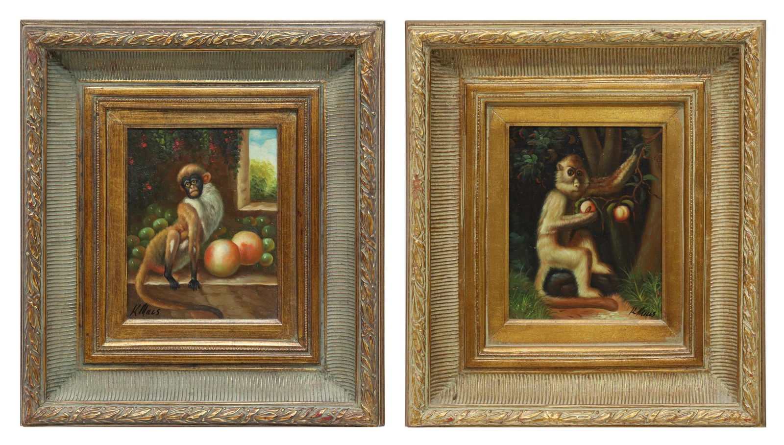 (2) K. MILLS OIL PAINTINGS MONKEYS WITH FRUIT (1 of 6)