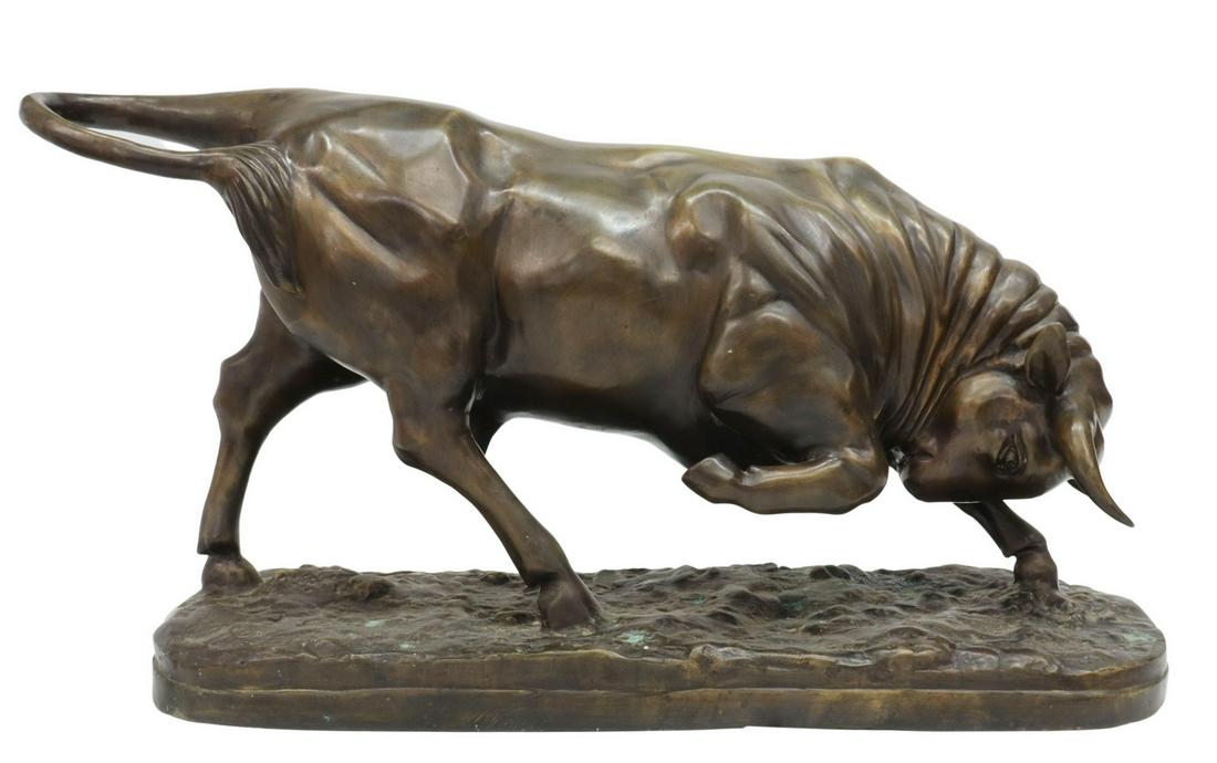 PATINATED BRONZE SCULPTURE OF A CHARGING BULL (1 of 2)