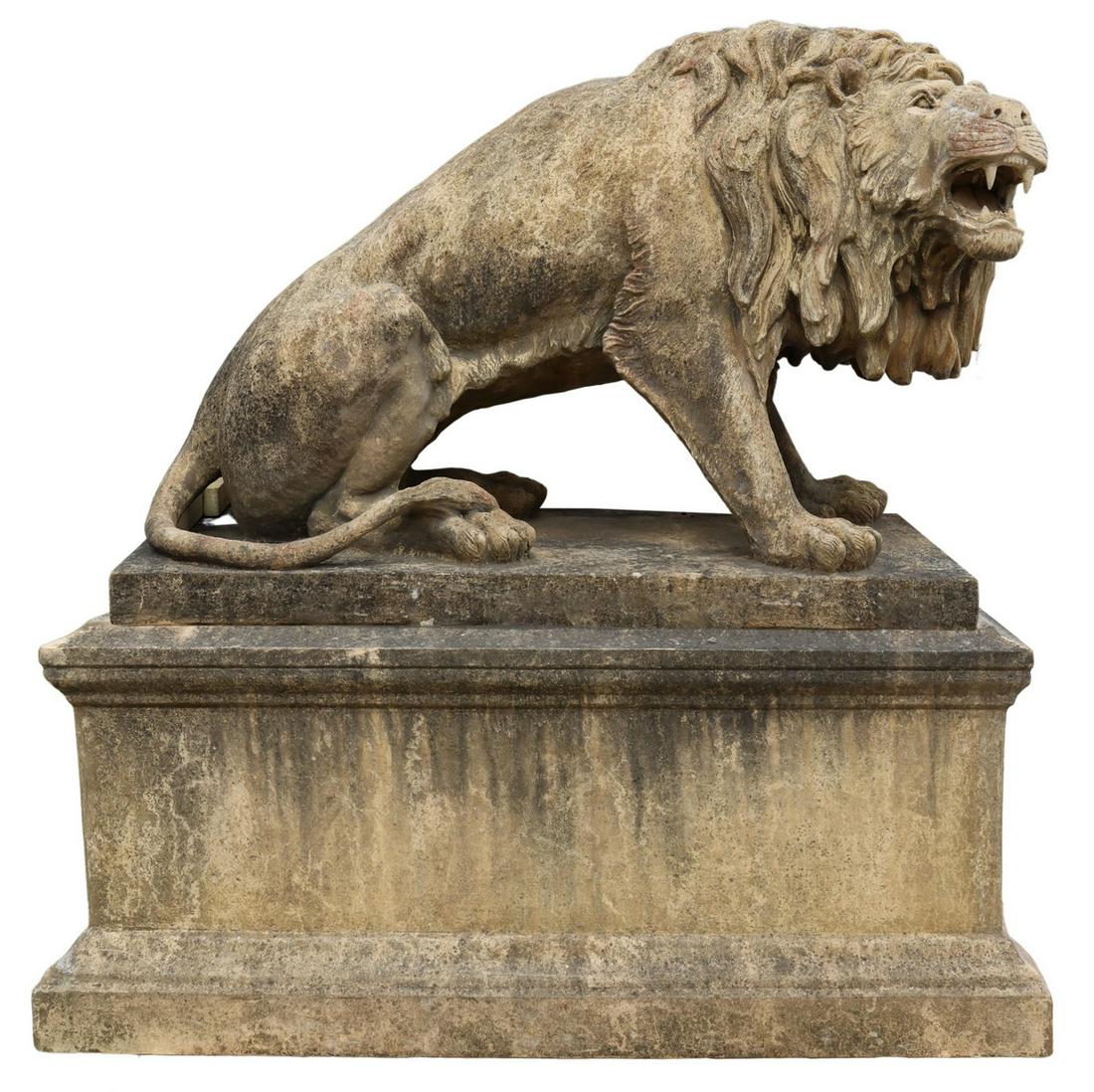 MONUMENTAL CAST STONE LION ON PLINTH BASE, 60.5"H (1 of 5)