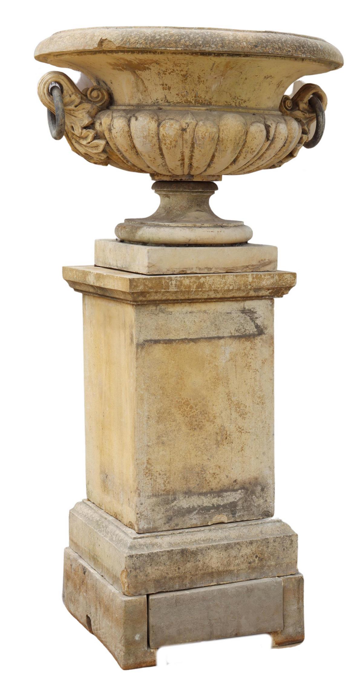 LARGE CAST STONE GARDEN URN W/PEDESTAL BASE 67.5"H (1 of 2)