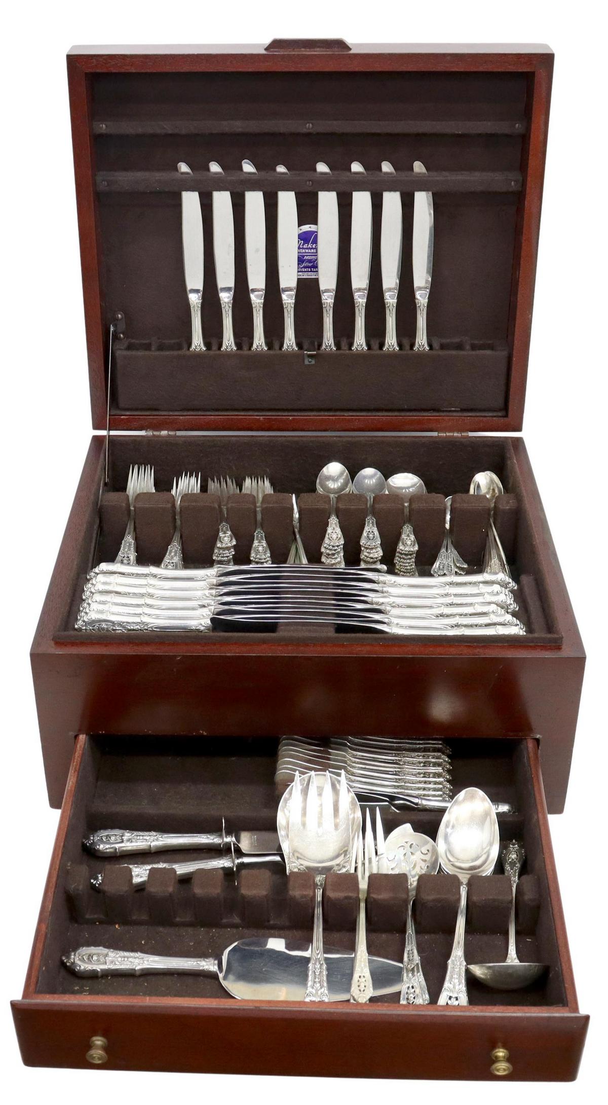 (166) WALLACE 'ROSE POINT' STERLING FLATWARE SET: (lot of 166) American sterling silver flatware service, Wallace Silversmiths, in the "Rose Point" pattern, designed by William S. Warren, including: (12) hollow handle knives, 9.75"l, (8) hollow handl