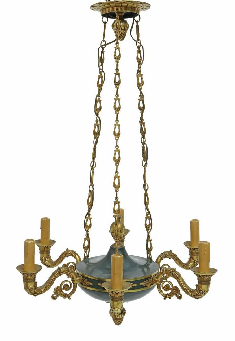 FRENCH EMPIRE STYLE TOLE PEINTE SIX-LT CHANDELIER (1 of 2)