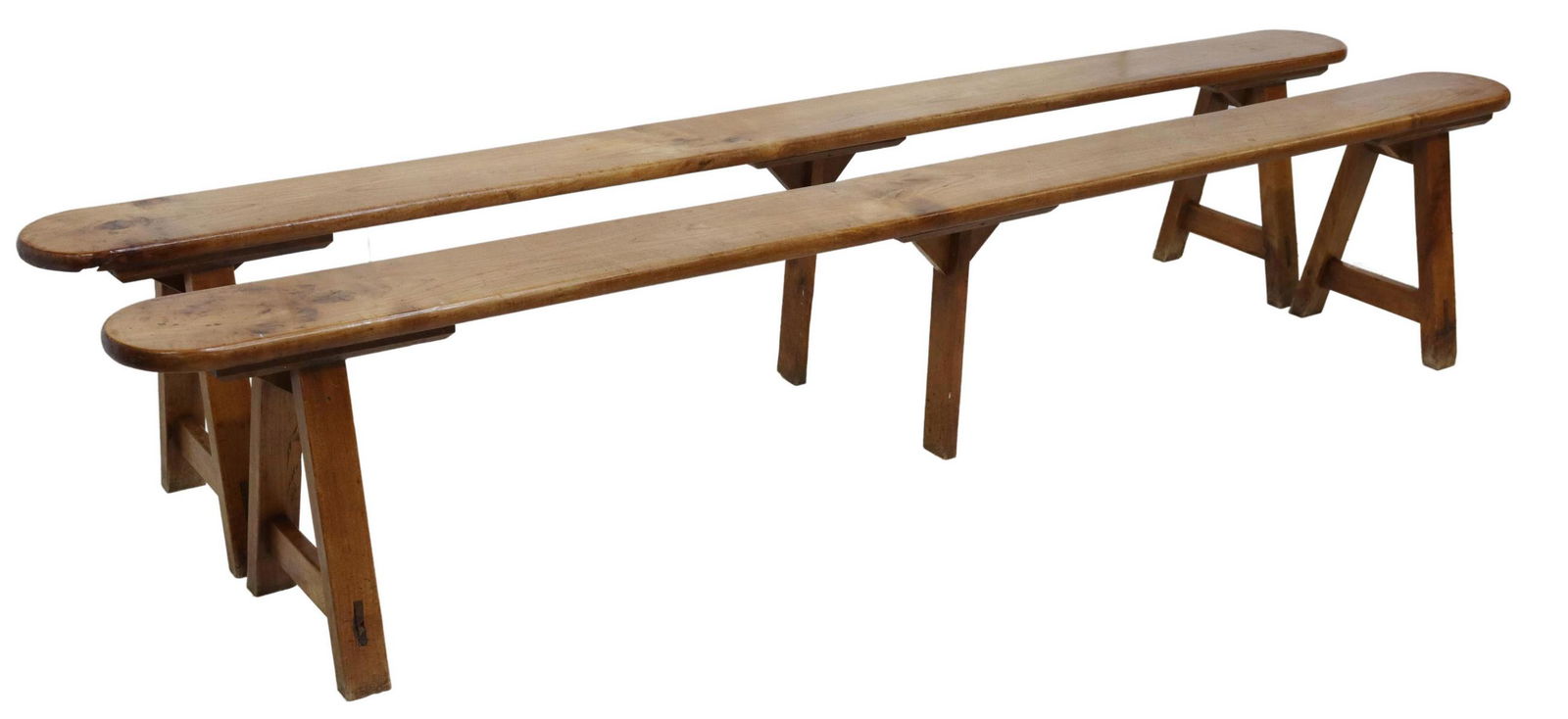 (2) FRENCH PROVINCIAL PINE LONG TRESTLE BENCHES (1 of 3)
