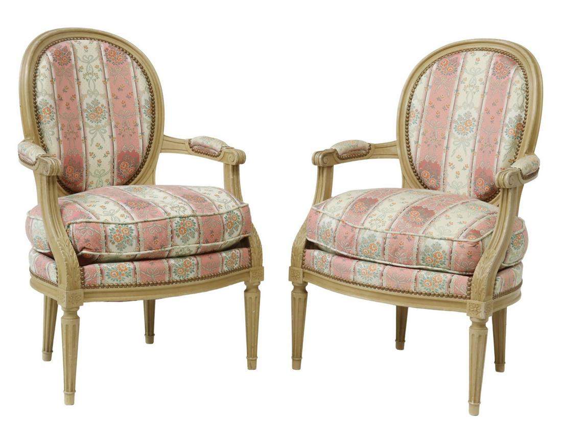 (2) FRENCH LOUIS XVI STYLE UPHOLSTERED FAUTEUILS (1 of 3)