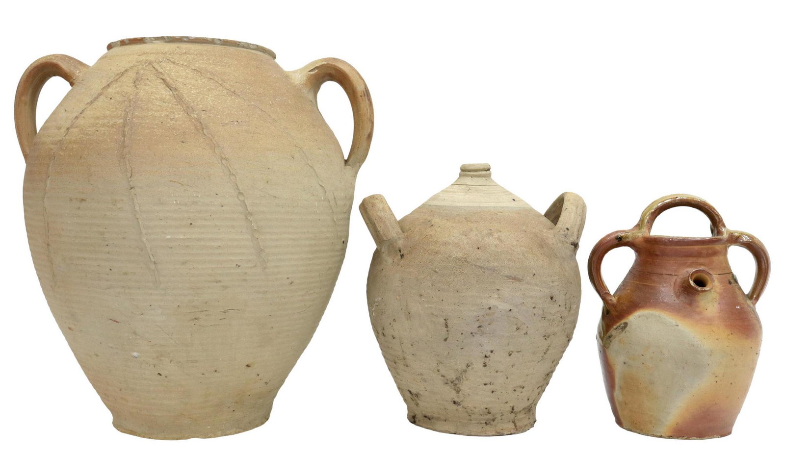 (3) FRENCH PROVINCIAL EARTHENWARE OIL JUGS: (lot of 3) French provincial earthenware oil jugs, comprising: (1) having large tapered body with dual side handles, wide mouth; (1) similar form with narrow mouth; (1) with strap handle, over two sid