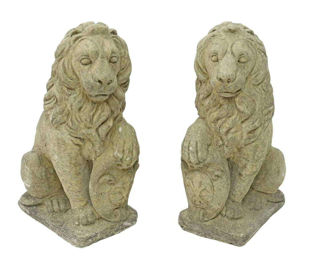 (2) CAST STONE SEATED LIONS FLEUR-DE-LIS SHIELDS (1 of 3)