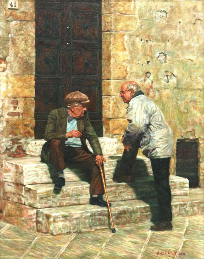 KAREN HOLT (D.2011) FRAMED OIL PAINTING, 30" X 24": Framed oil on canvas painting, On the Steps, signed lower right Karen Holt (American, 1946-2011), OPA (Oil Painters of America), sight: 29.5"h, 23.5"w, overall: 38.25"h, 32.25"w, 16.5lbs Start Price: 