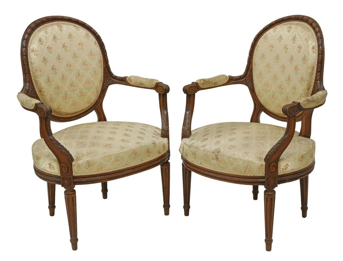(2) FRENCH LOUIS XVI STYLE UPHOLSTERED FAUTEUILS (1 of 3)