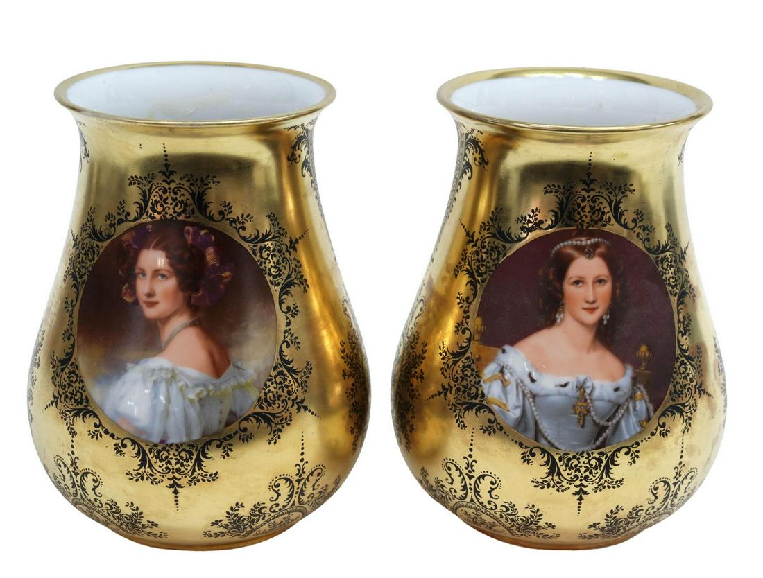 (2) VIENNA STYLE GILT PORCELAIN PORTRAIT VASES (1 of 5)