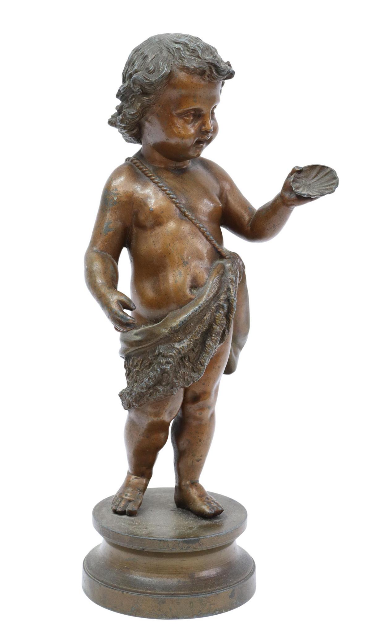 PATINATED METAL SCULPTURE DRAPED PUTTO W/ SHELL: Patinated metal sculpture, standing draped putto, holding seashell, rising on socle, approx 12.25"h, 5.75"w, 3.5"d, 5lbs Start Price: $80.00
