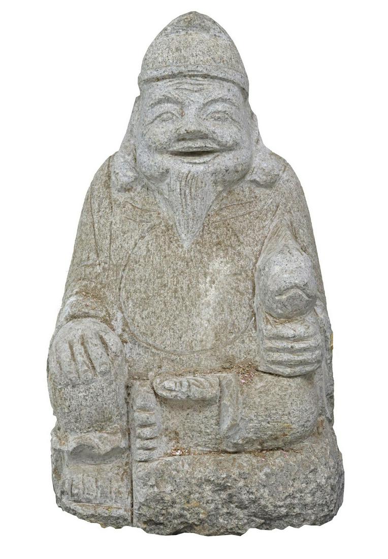 JAPANESE CARVED STONE FIGURAL STATUE, EBISU (1 of 3)