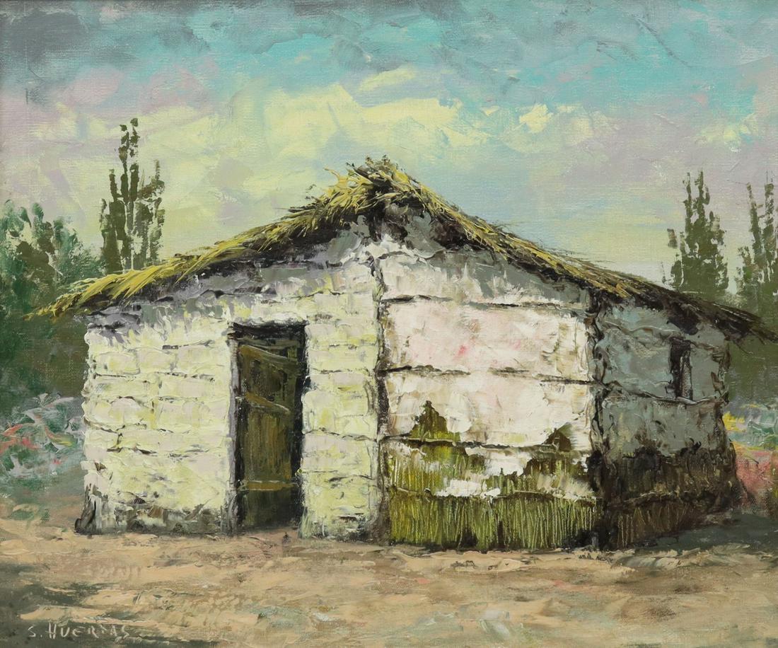 SEGUNDO HUERTAS (1923-2010) THATCHED BUILDING: Framed oil on canvas painting, Thatched Building, signed lower left S. Huertas (Segundo Huertas, Argentinian, 1923-2010), sight: 19.5"h, 23.5"w, overall: 28.25"h, 32.25"w, 7lbs Start Price: $100.00
