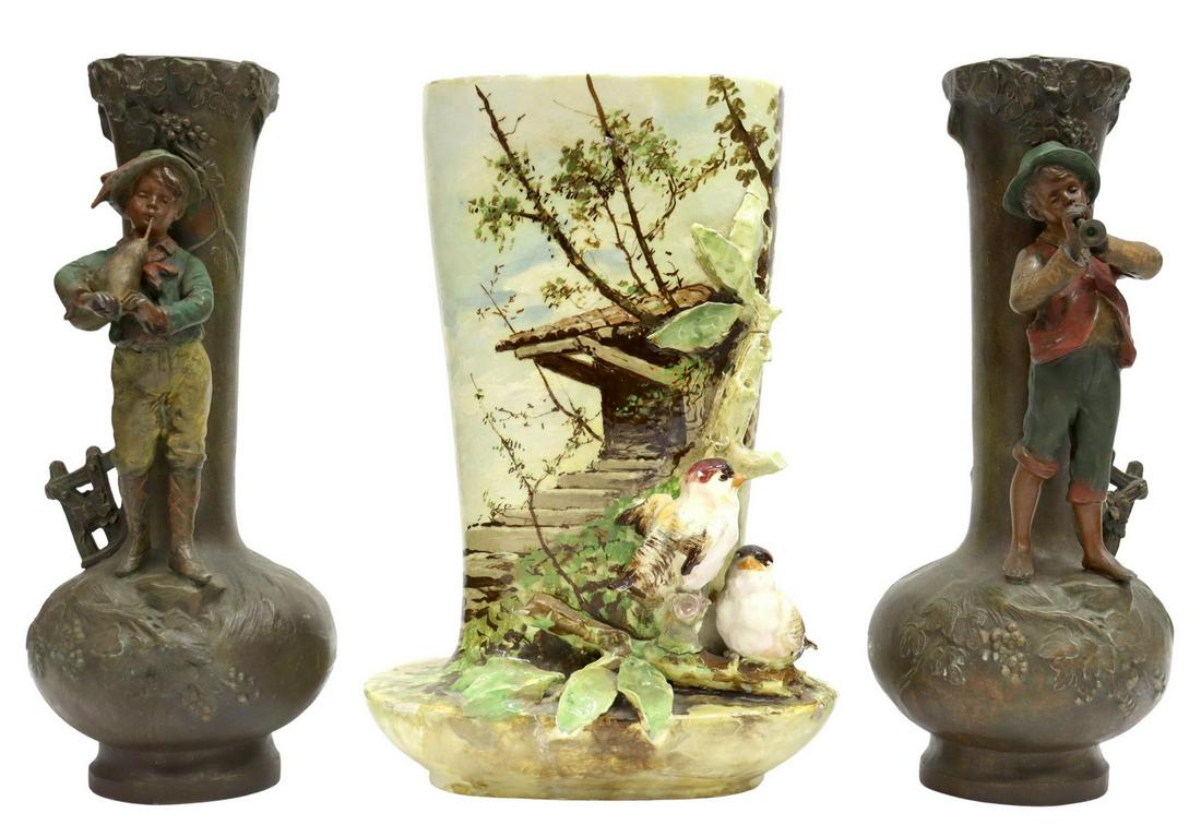 (3) CONTINENTAL METAL & BARBOTINE STYLE VASES (1 of 5)