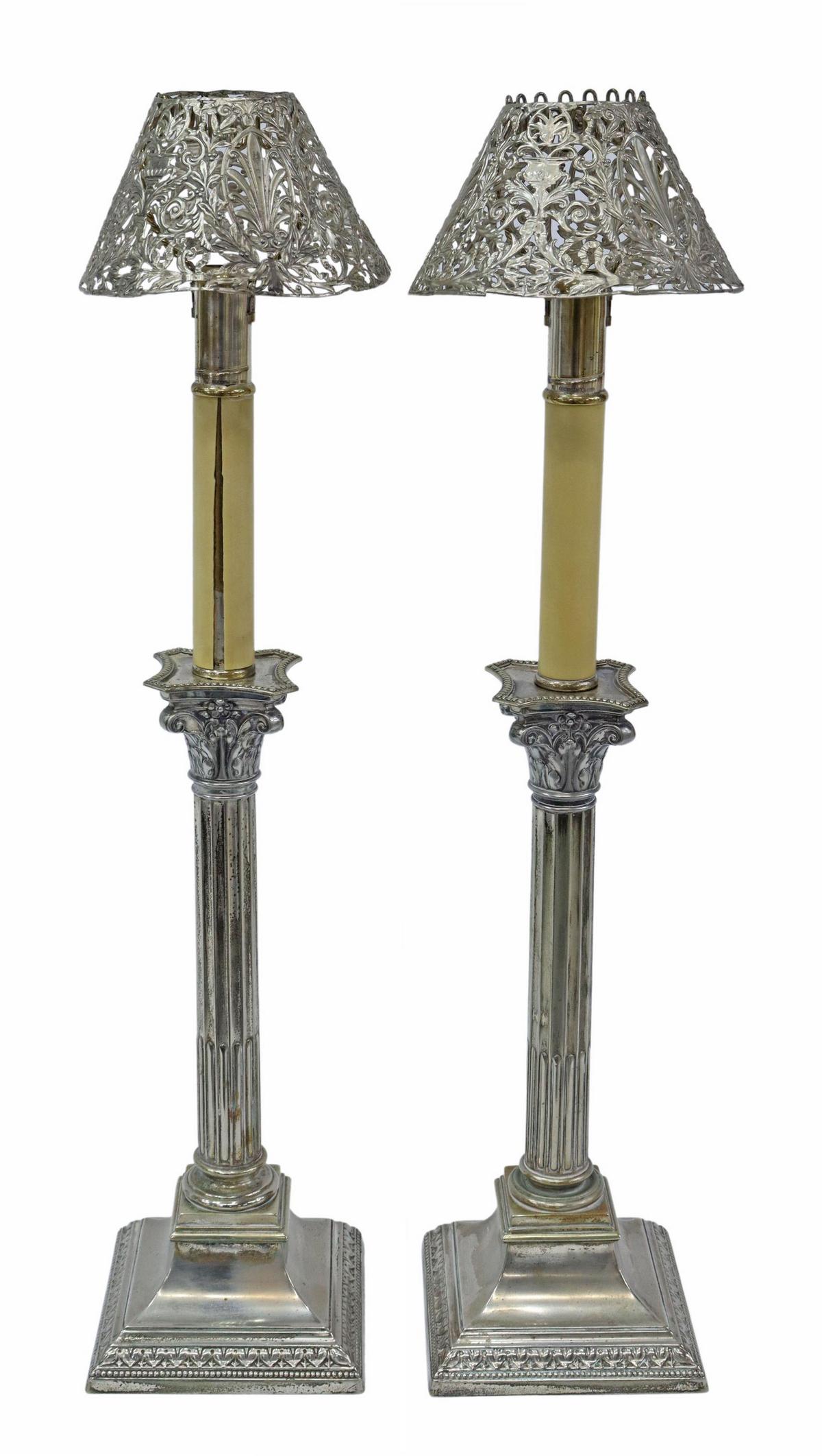 (2) GORHAM SILVER PLATE COLUMN CANDLESTICK LAMPS (1 of 3)
