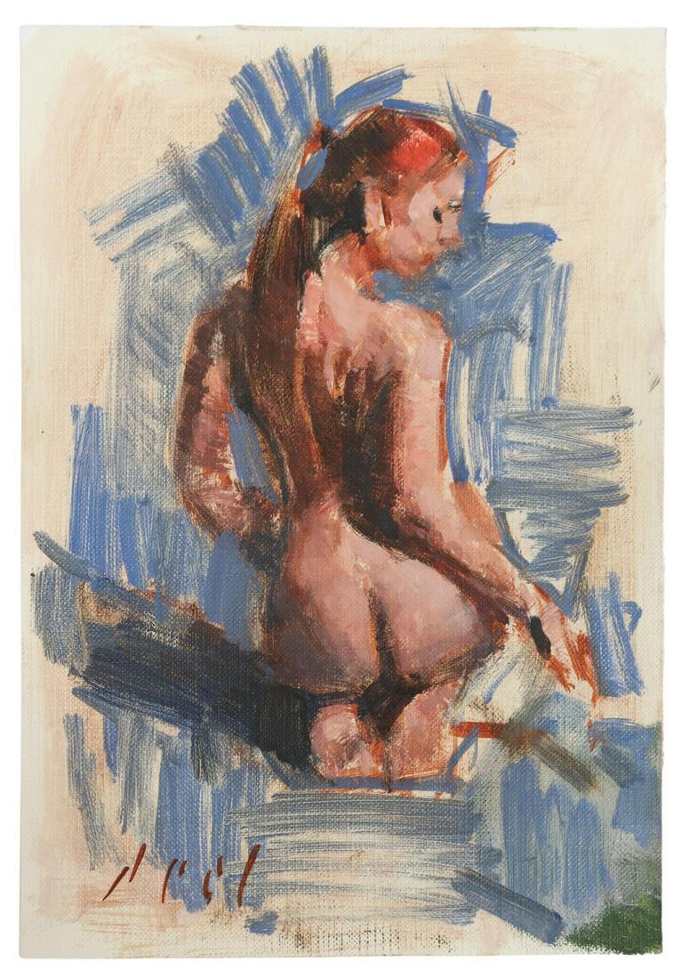 DANIEL PECI FEMALE NUDE PAINTING, 8.75" X 6": Unframed oil painting on textured paper, "By the Lake," signed lower left Peci (Daniel Peci, 20th/ 21st c.), titled and signed again verso, approx 8.75"h, 6"w Start Price: $50.00