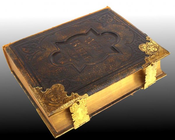 VICTORIAN LEATHER & BRASS BOUND FAMILY BIBLE: Victorian embossed leather & brass bound family bible, "The Holy Bible with the Commentaries of Scott & Henry", John G. Murdoch, London, numerous color plates, gilded page ends, 13.25"h, 10.5"w, 4"d, 