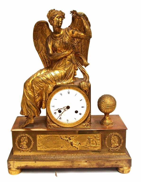 ANTIQUE FRENCH DORE BRONZE CLASSICAL FIGURE CLOCK: French dore bronze figural clock, c. early 19th c., time and strike movement signed at porcelain dial "Gontier Naudou, a Paris", a seated winged female figure in classical robes over the clock works,