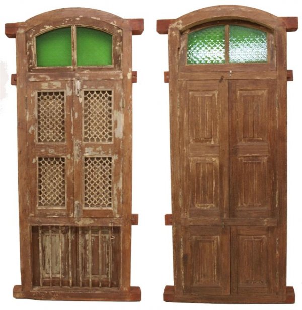 ANTIQUE PAINTED TEAKWOOD WINDOW, GLASS & IRON: Antique 19th c. painted teakwood window with green glass, two door sets, one with iron grates, and vertical iron bars, 78"h, 30"w