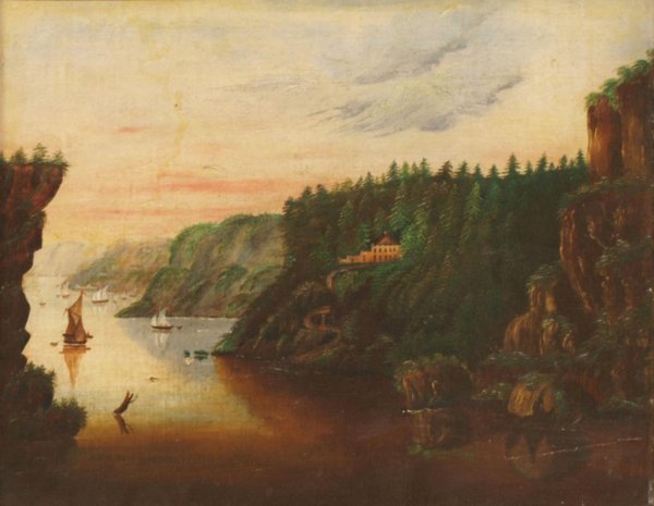 PAINTING, AMERICAN SCHOOL, HUDSON RIVER SCENE: Framed oil painting, the American School, 19th c., likely a scene of the Hudson River with figures in background, anonymous, some scratches/creasing to canvas now laid on board, sight: 12.25"h, 16.25"