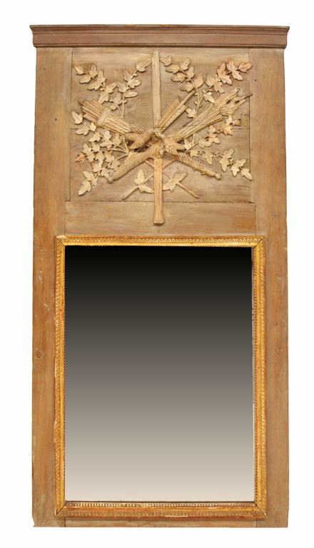 18TH C. FRENCH TRUMEAU PARCEL GILT CARVED MIRROR: French trumeau wall mirror, late 18th c., the mirror enclosed by a gilt frame surmounted by a wood panel applied with foliate, bird, and bow and quiver carvings, overall wear/ loss with age, 64"h, 35"