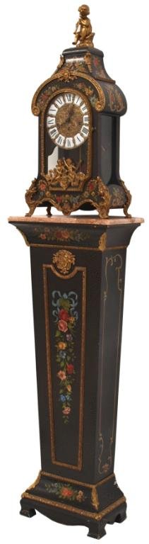 HERMLE LOUIS XV STYLE CLOCK & MARBLE TOP PEDESTAL: (lot of 2) Louis XV style clock, Westminster chiming works by Hermle & Soehne, Gosheim, Germany, c. 1970, a musical cherub surmounting the floral panted case set with a single glazed door and ornate g