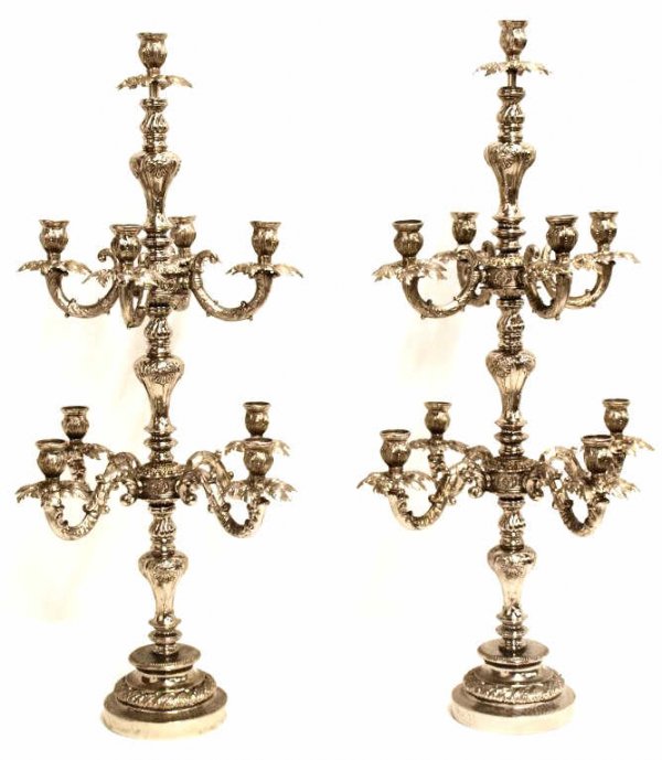 FOLIATE & SHELL SILVER PLATE NINE-LIGHT CANDELABRA: (pair) Louis XV style silver plate candelabra having nine-lights each, scrolled branches and stem in a shell and foliate motif, each has been modified, 33"h, 17"d, 28lbs total