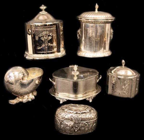 GROUP SILVER PLATE LIDDED BOXES, GODINGER ART CO.: (lot of 6) Silver plate dresser boxes and articles comprising: (1) Godinger Silver Art Co. lidded box, embossed design at front and back, 9.5"h, 7.5"w; (1) lidded box, engraved floral motif, artichoke