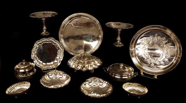 COLLECTION SILVER PLATE SERVICE ARTICLES, TOWLE: (lot of 12) Silver plate table articles comprising: (1) Towle drink tray, engraved center, pierced rim, 2"h, 12"d; (1) drink tray having a pierced rim, 13.5"d; (1) unusual shell form lidded dish, the