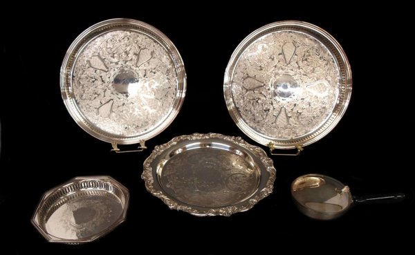GORHAM & OTHER SILVER PLATE SERVICE TRAYS: (lot of 5) American silver plate service articles including: (2) Gorham drink trays, elaborately engraved centers, pierced rims, 15"d; (1) Lunt pedestal footed tray, engraved center, floral and scroll