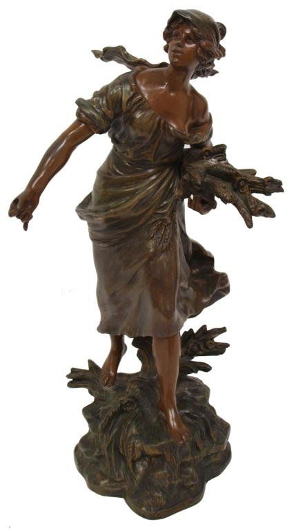 CLASSICAL STATUE AFTER AUGUSTE MOREAU (1834-1917): French spelter statue, 19th c, "Faneuse", a copy of a work by Auguste Moreau (France, 1834-1917), impressed signature lower right, title tag at center base, 23.75"h, 11:"w, 10", 19lbs
