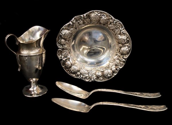 AMERICAN STERLING SILVER PITCHER, BOWL, SPOONS: (lot of 4) Sterling silver articles by various makers comprising: (1) bowl my Mauser Manufacturing Co., New York, c. 1900, the rim in heavy repousse strawberry ornament, 6.25"d; (2) spoons by Whiting 