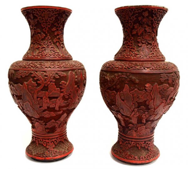 PAIR LARGE 19TH CHINESE CARVED CINNABAR VASES: (pair) Chinese cinnabar lacquer baluster vases, 19th c., elaborately carved with foliate and Immortal figures, some restoration/wear/loss with age, 15.25"h, 8"d, 6.5lbs total